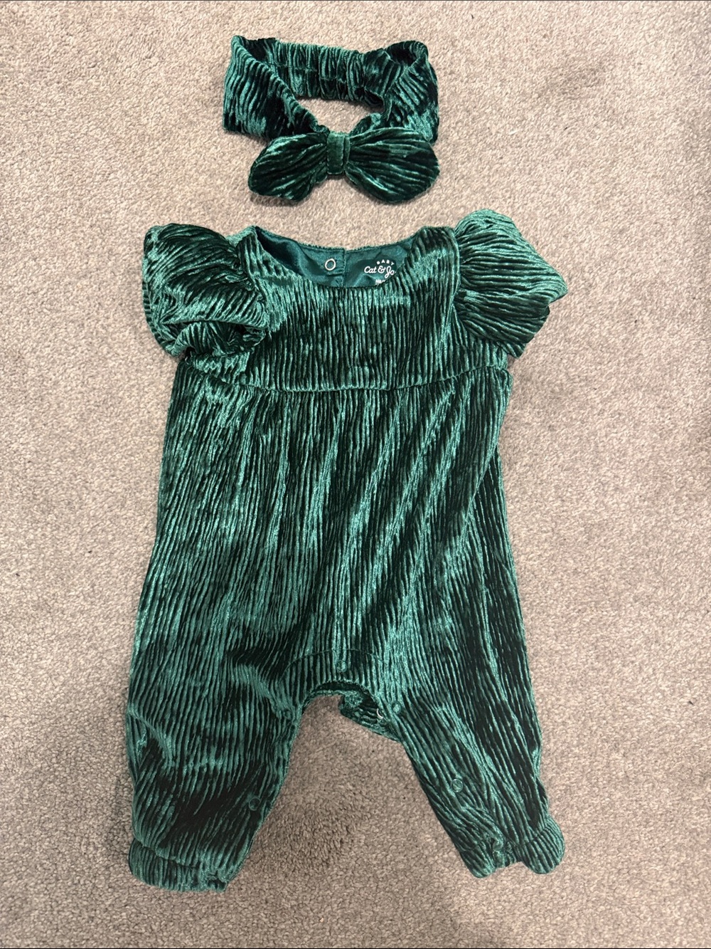 Cat & Jack holiday Deep Green Velvet Baby Romper with Matching Headband